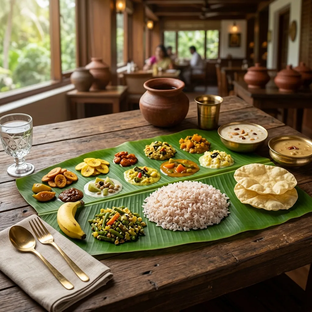 Onam sadhya served on a banana leaf at Gokul Oottupura, Kochi